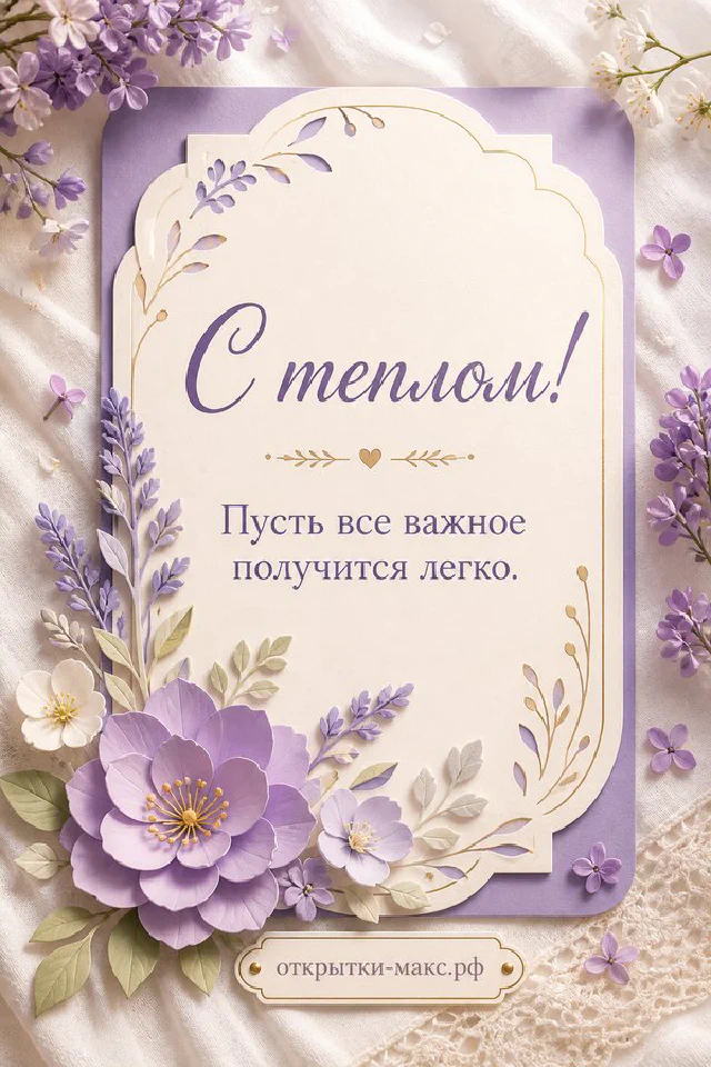 Открытка «С теплом» с букетом сирени и белых цветов на белом кружевном полотне — вариант 6