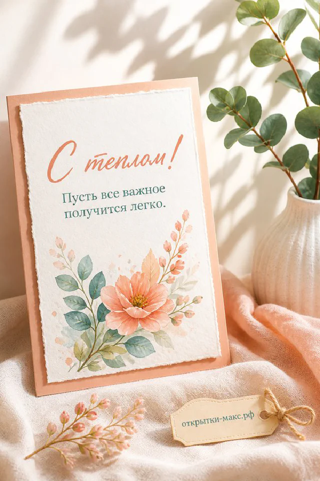 Открытка «С теплом» с букетом сирени и белых цветов на белом кружевном полотне — вариант 8