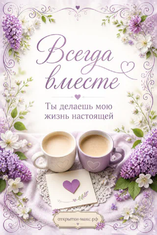 Две кружки кофе с сердечками среди цветов сирени и белого жасмина на кружевной салфетке