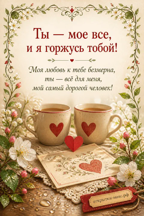 Две кружки кофе с красными сердечками стоят в окружении белых цветущих веток на деревянном столе