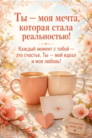 Две персиковые чашки кофе с сердечками на фоне розовых цветов и надпись о любви