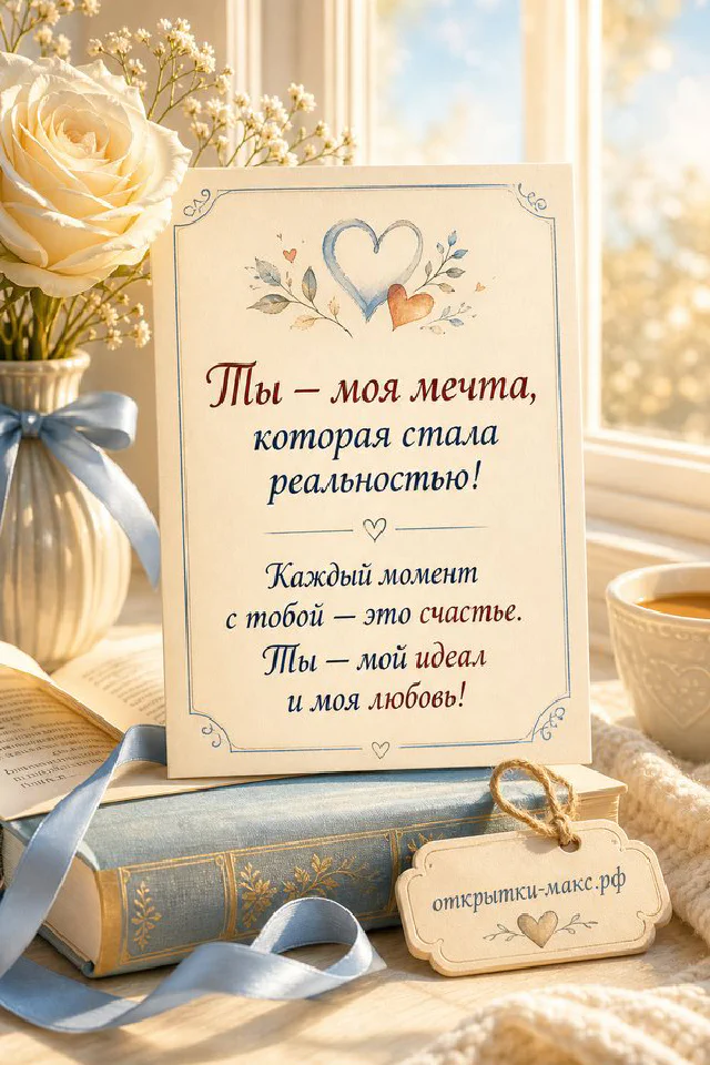 Две персиковые чашки кофе с сердечками на фоне розовых цветов и надпись о любви — вариант 2