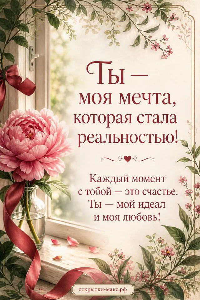 Две персиковые чашки кофе с сердечками на фоне розовых цветов и надпись о любви — вариант 3