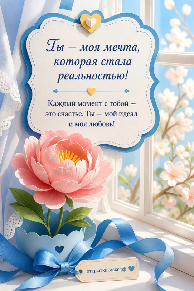 Две персиковые чашки кофе с сердечками на фоне розовых цветов и надпись о любви — вариант 4