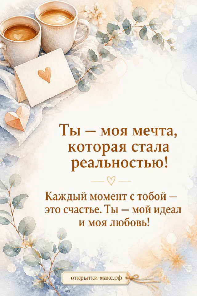 Две персиковые чашки кофе с сердечками на фоне розовых цветов и надпись о любви — вариант 5
