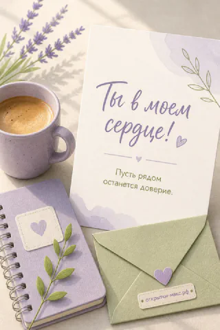 Лавандовый конверт с сердечком, чашка кофе и блокнот с открыткой «Ты в моём сердце» на сером фоне