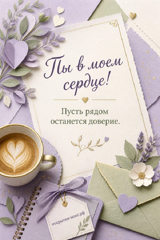 Лавандовый конверт с сердечком, чашка кофе и блокнот с открыткой «Ты в моём сердце» на сером фоне — вариант 2