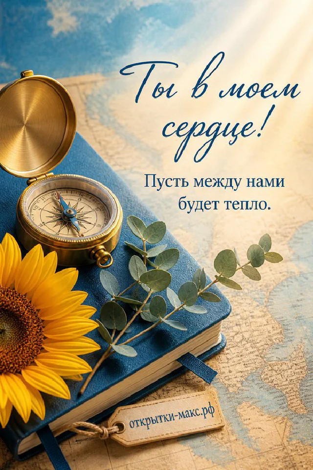 Открытка «Ты в моём сердце» с букетом подсолнухов и кофе с сердечком на голубом фоне — вариант 6