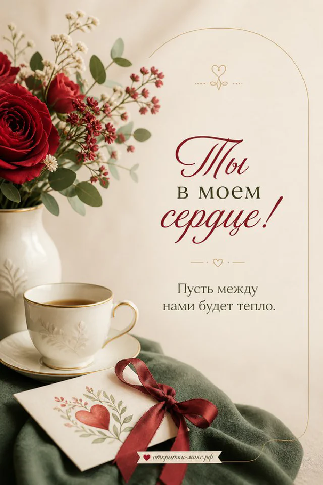 Открытка «Ты в моём сердце» с букетом подсолнухов и кофе с сердечком на голубом фоне — вариант 7