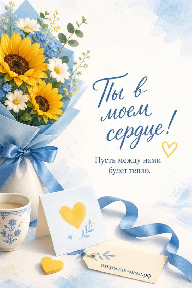 Открытка «Ты в моём сердце» с букетом подсолнухов и кофе с сердечком на голубом фоне — вариант 8