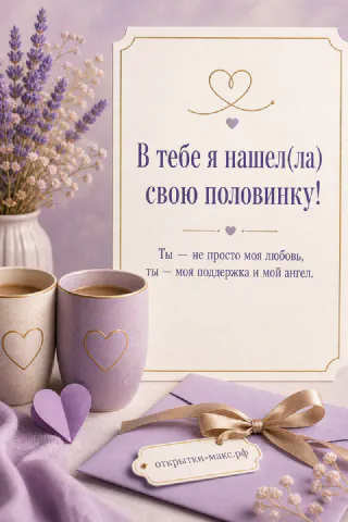 Фиолетовые кружки кофе с золотыми сердечками, лаванда и фиолетовый конверт с бантом на светлом фоне