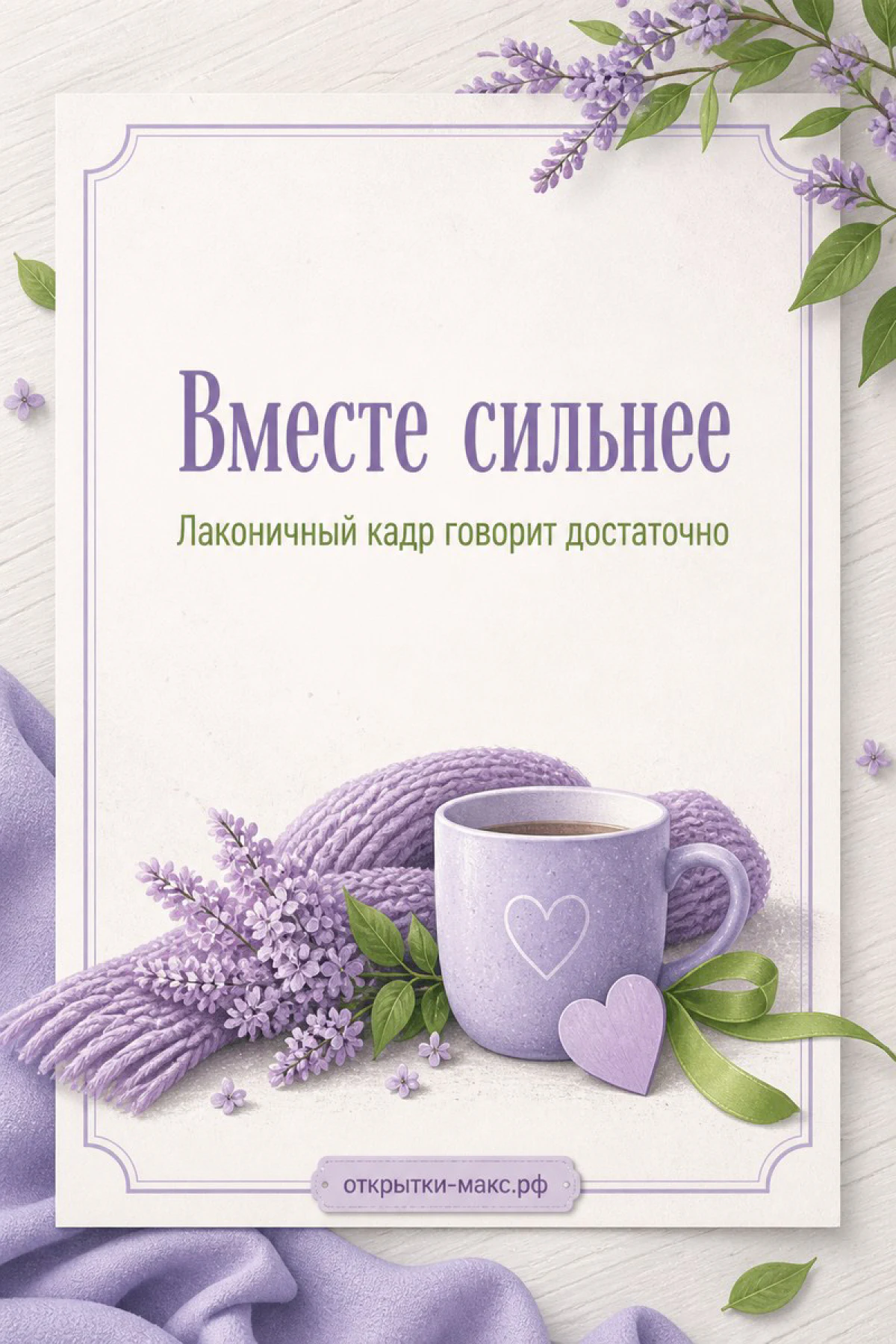 Фиолетовая кружка чая с сердечком рядом с веточкой лаванды и вязаным шарфом
