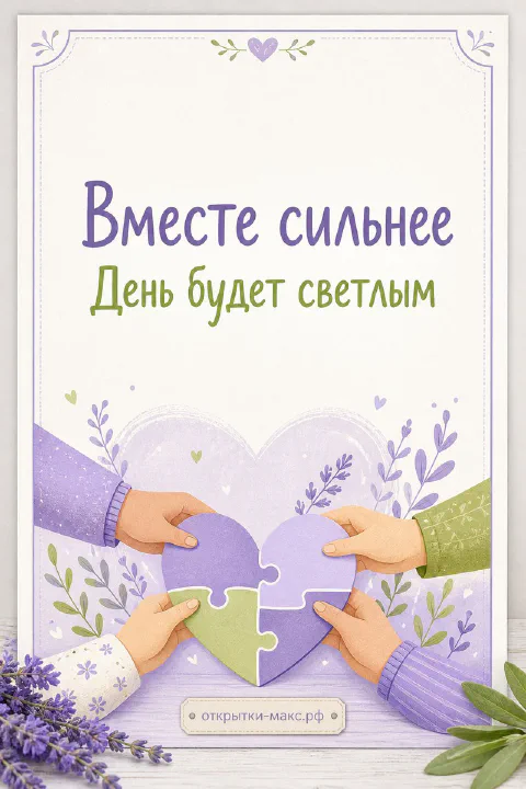 Две руки складывают фиолетовое сердце из пазлов на фоне веточек лаванды