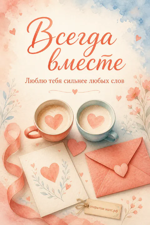 Акварельные кружки кофе с сердечками, розовый конверт и записка с сердцем на персиковом фоне