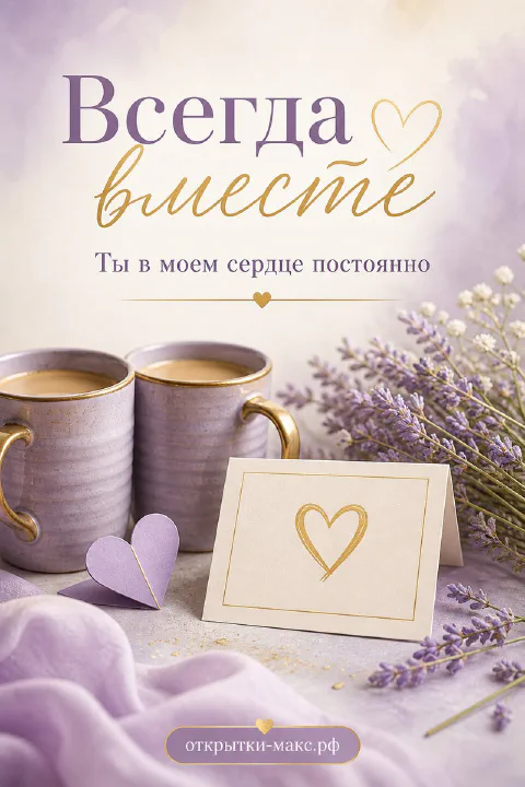 Две фиолетово-серые кружки кофе с золотыми ручками, лаванда и карточка с золотым сердечком