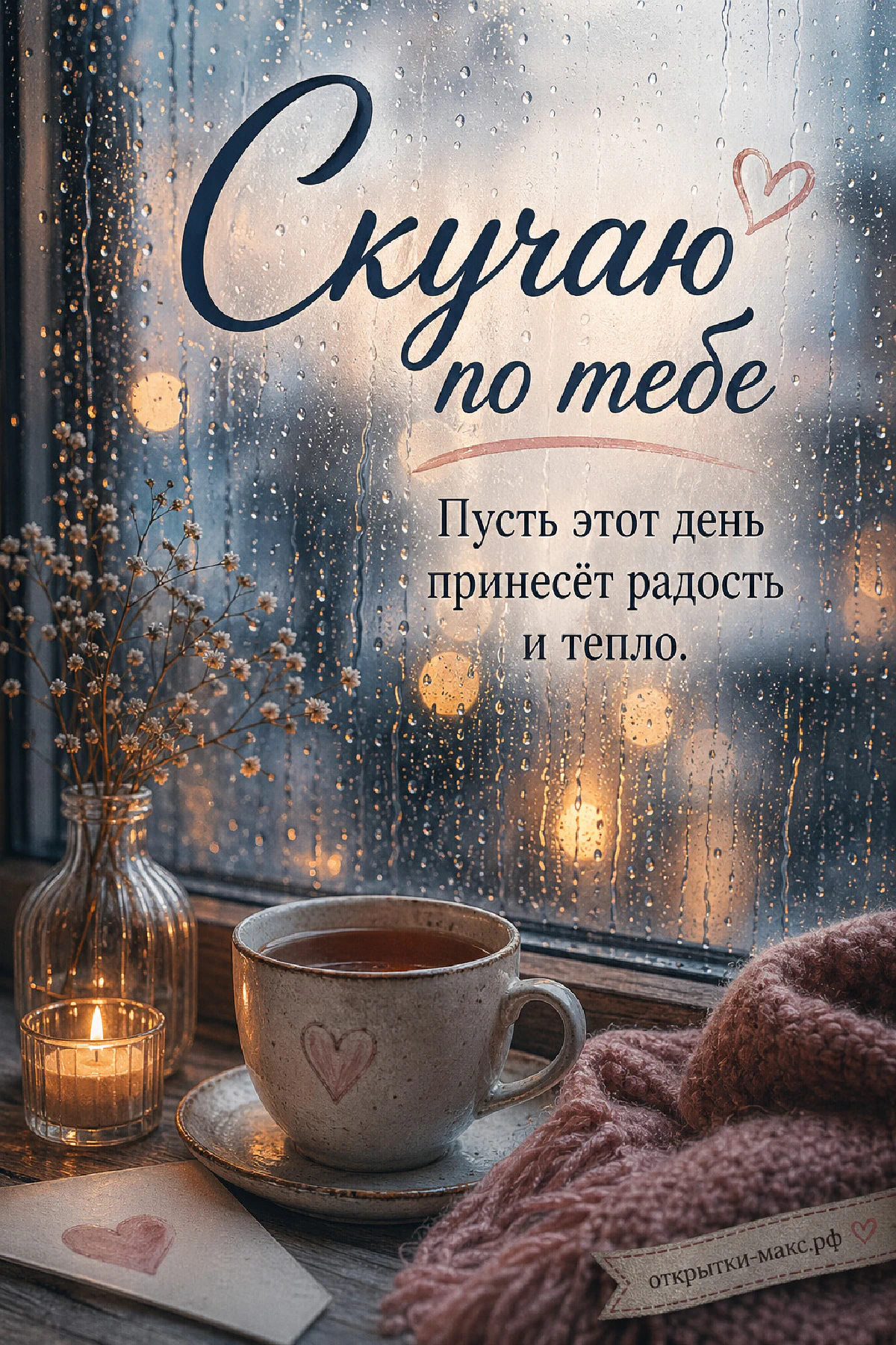 Мокрое окно с каплями дождя и огнями за стеклом, кружка чая с сердечком, горящая свеча в стакане и вазочка с сухоцветами на подоконнике