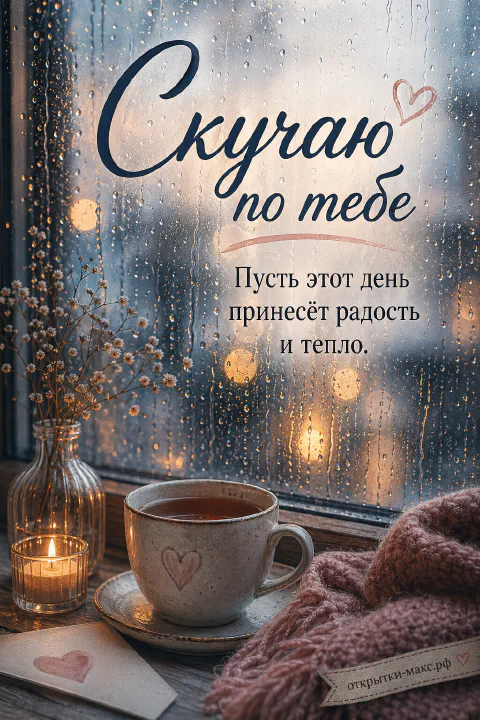 Мокрое окно с каплями дождя и огнями за стеклом, кружка чая с сердечком, горящая свеча в стакане и вазочка с сухоцветами на подоконнике