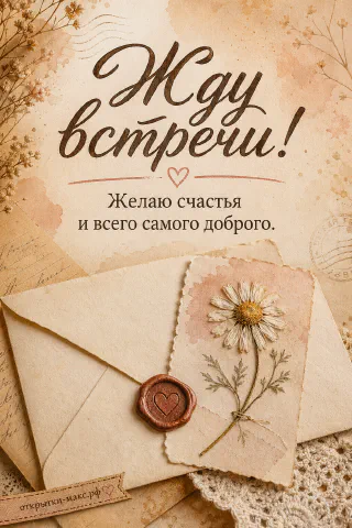 Крафтовый конверт с сургучной печатью с сердечком и акварельная открытка с засушенной ромашкой на фоне старых крафтовых конвертов и писем