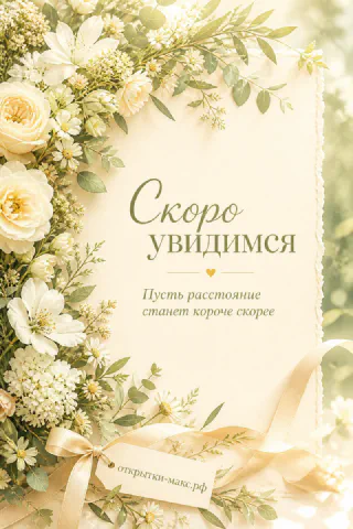 Открытка с пышным букетом белых роз и золотой лентой с надписью Скоро увидимся