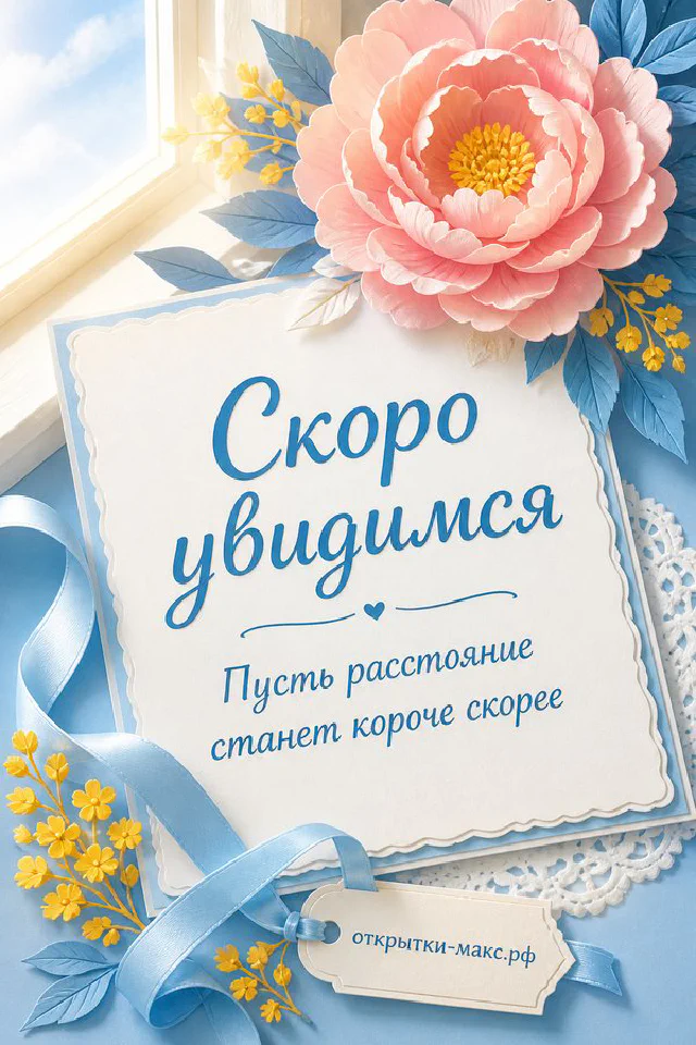 Открытка с пышным букетом белых роз и золотой лентой с надписью Скоро увидимся — вариант 2