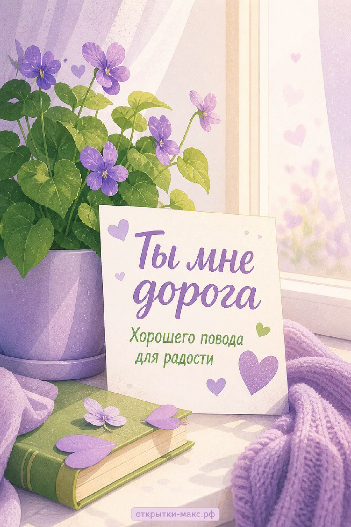 Открытка с горшком фиолетовых цветов на подоконнике и надписью Ты мне дорога хорошего повода для радости