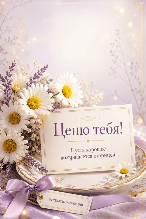 Открытка с букетом ромашек и лаванды на тарелке с фиолетовым бантом и надписью Ценю тебя