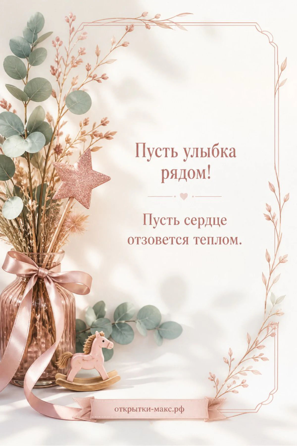 Нежная открытка с вазой и ветками в розово-золотых тонах с надписью Пусть улыбка рядом и Пусть сердце отзовётся теплом