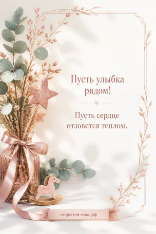 Нежная открытка с вазой и ветками в розово-золотых тонах с надписью Пусть улыбка рядом и Пусть сердце отзовётся теплом