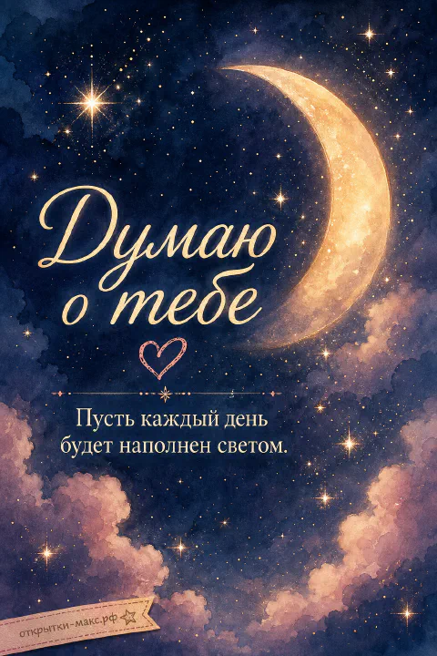 Крупный золотой серп луны в тёмно-синем ночном небе с яркими звёздами и розово-лиловыми облаками