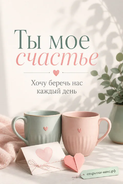 Мятная и розовая кружки кофе с сердечками, карточка и веточка эвкалипта на белом столике