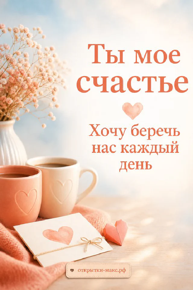 Мятная и розовая кружки кофе с сердечками, карточка и веточка эвкалипта на белом столике — вариант 2