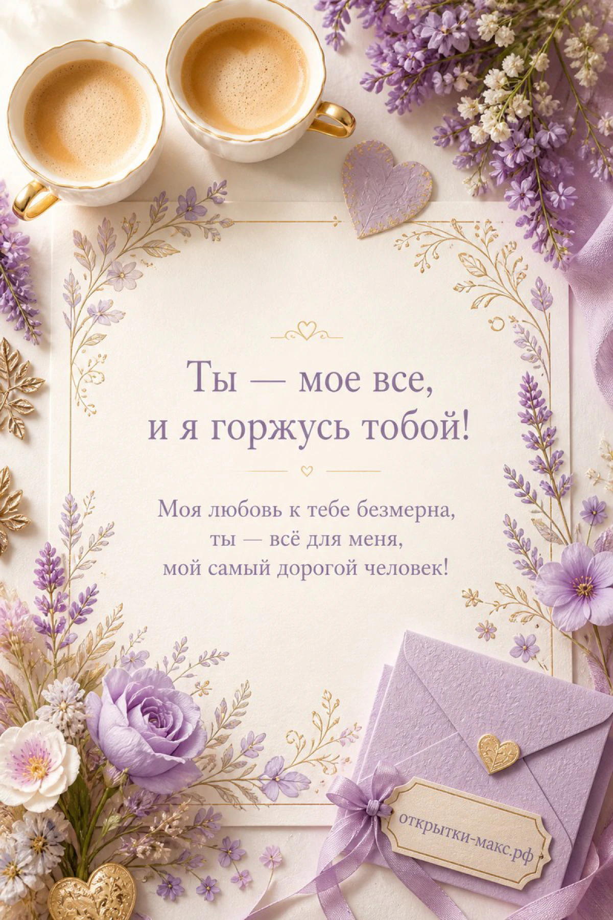 Открытка с текстом о любви в лавандовой рамке с конвертом, сердечком и чашками кофе