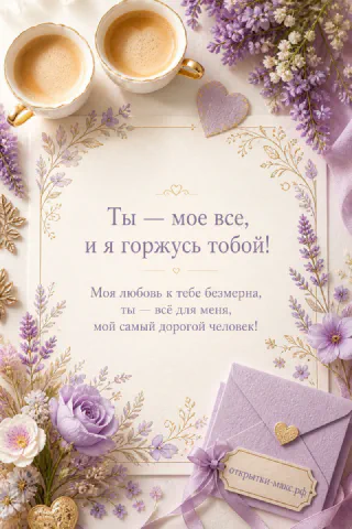 Открытка с текстом о любви в лавандовой рамке с конвертом, сердечком и чашками кофе