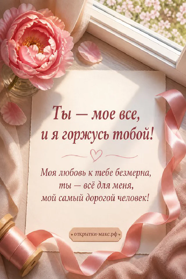 Открытка с текстом о любви в лавандовой рамке с конвертом, сердечком и чашками кофе — вариант 2