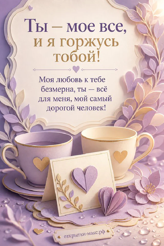 Открытка с текстом о любви в лавандовой рамке с конвертом, сердечком и чашками кофе — вариант 3