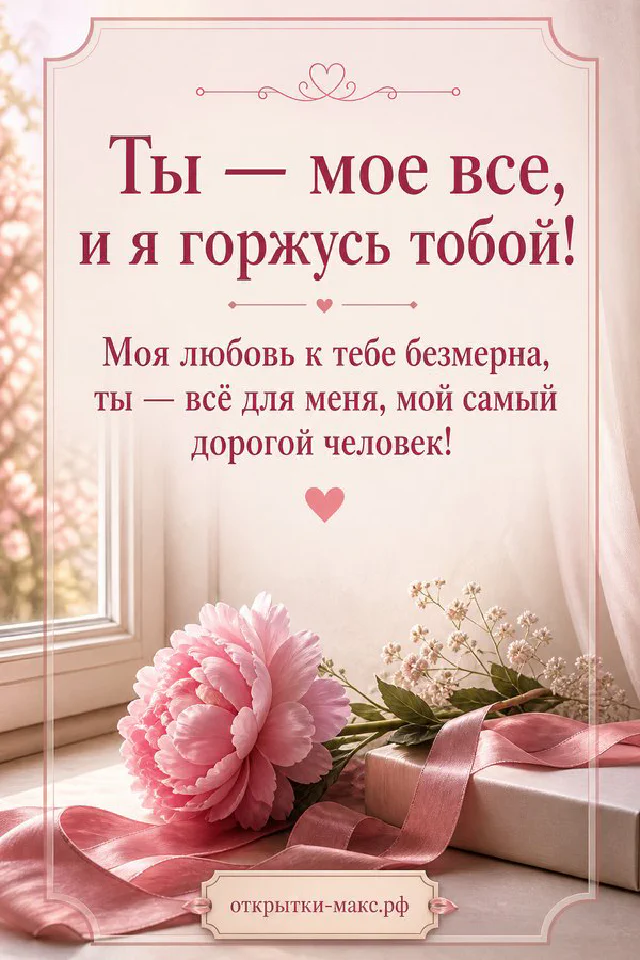 Открытка с текстом о любви в лавандовой рамке с конвертом, сердечком и чашками кофе — вариант 5