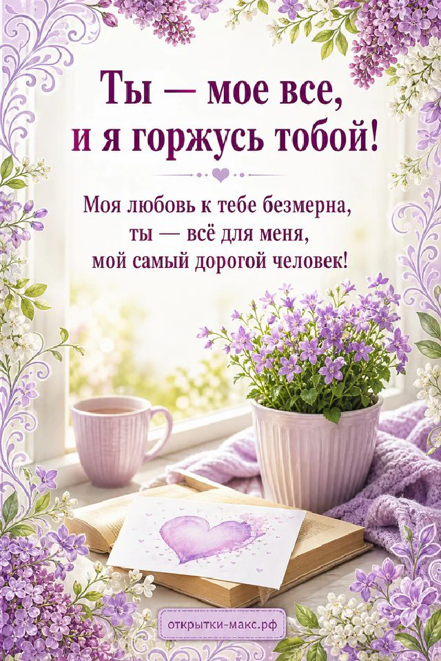 Открытка с текстом о любви в лавандовой рамке с конвертом, сердечком и чашками кофе — вариант 6