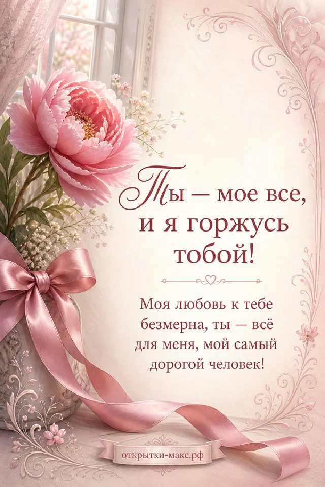 Открытка с текстом о любви в лавандовой рамке с конвертом, сердечком и чашками кофе — вариант 7