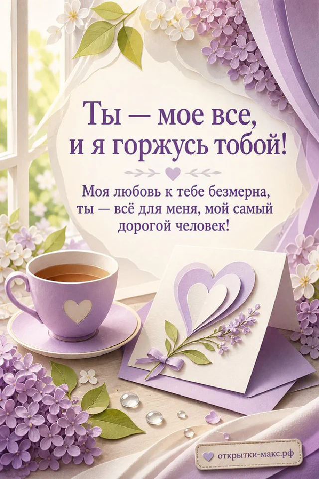 Открытка с текстом о любви в лавандовой рамке с конвертом, сердечком и чашками кофе — вариант 8