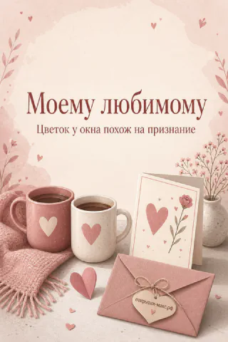 Две розовые кружки с сердечками, конверт и вазон с цветком у окна с надписью «Моему любимому»