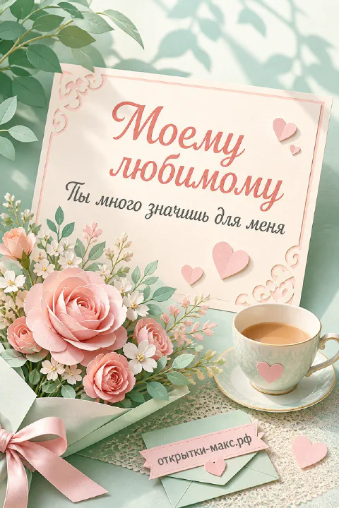 Букет розовых роз и чашка чая с сердечком на фоне листьев с надписью «Моему любимому»
