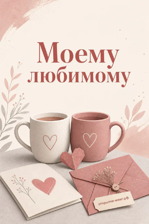 Две керамические кружки с сердечками и конверт на светлом розово-бежевом фоне — открытка для любимого человека
