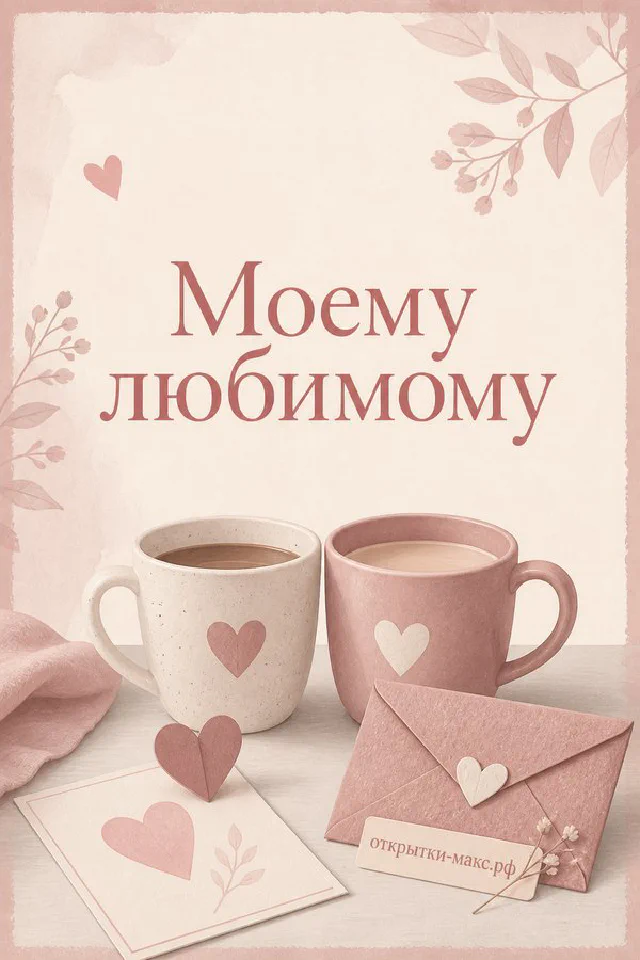 Две керамические кружки с сердечками и конверт на светлом розово-бежевом фоне — открытка для любимого человека — вариант 2