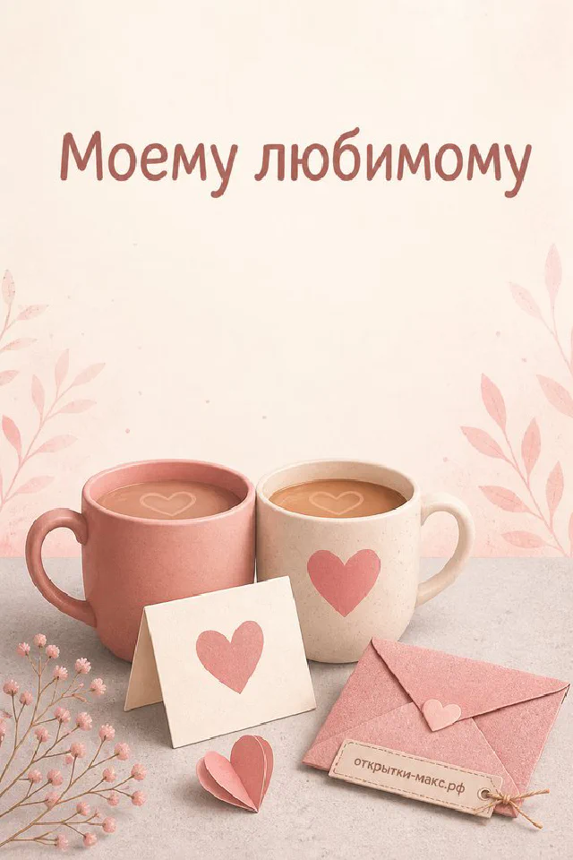 Две керамические кружки с сердечками и конверт на светлом розово-бежевом фоне — открытка для любимого человека — вариант 4