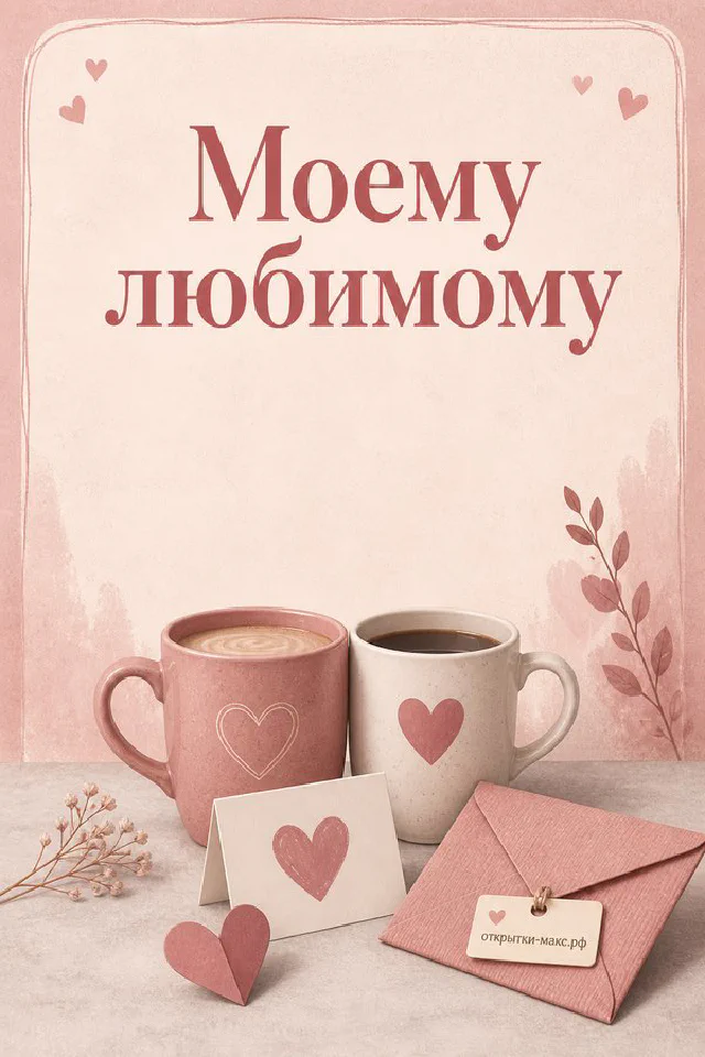Две керамические кружки с сердечками и конверт на светлом розово-бежевом фоне — открытка для любимого человека — вариант 5