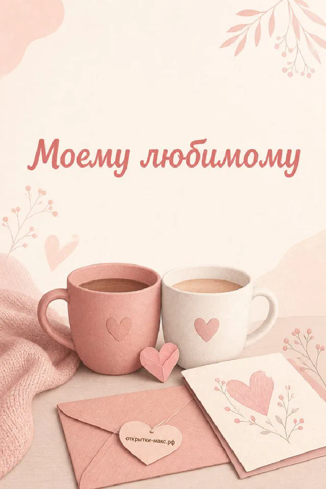 Две керамические кружки с сердечками и конверт на светлом розово-бежевом фоне — открытка для любимого человека — вариант 6