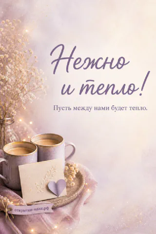 Две сиреневые кружки с кофе на подносе, гипсофила в вазе и бумажное сердце с надписью «Нежно и тепло»