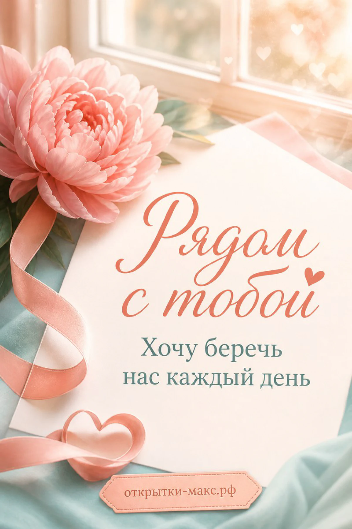 Крупный розовый пион на бумажном письме с атласной лентой и надписью «Рядом с тобой»