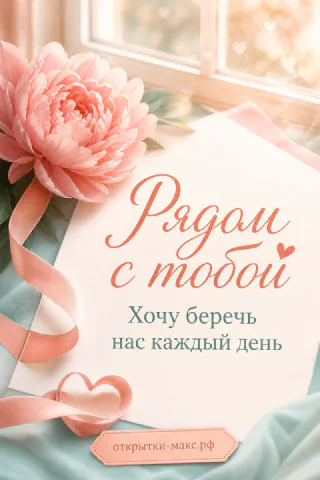 Крупный розовый пион на бумажном письме с атласной лентой и надписью «Рядом с тобой»