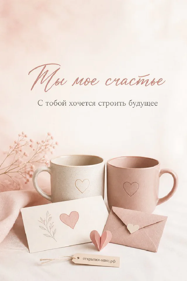 Две бежевые кружки кофе с сердечками рядом с веточкой эвкалипта и конвертом — вариант 2